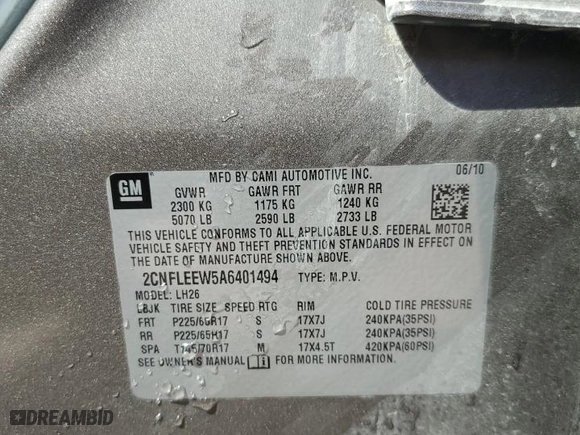 2010 Chevrolet Equinox LT w/1LT with VIN 2CNFLEEW5A6401494, listed as a Copart auction lot 54018055 with 169,131 mi miles and Salvage Title. Bid and sale history available at carsss.com. Image 13.