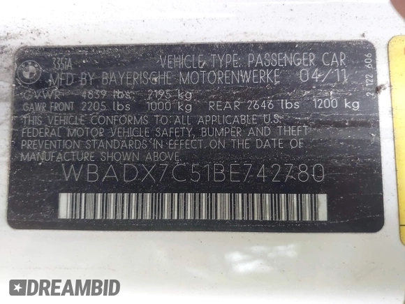 2011 BMW 3 Series 335i with VIN WBADX7C51BE742780, listed as a IAAI auction lot 41636961 with Not Provided miles and . Bid and sale history available at carsss.com. Image 9.