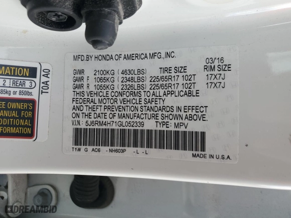 2016 Honda CR-V EX-L with VIN 5J6RM4H71GL052339, listed as a Copart auction lot 50349085 with 102,506 mi miles and Salvage Title. Bid and sale history available at carsss.com. Image 15.