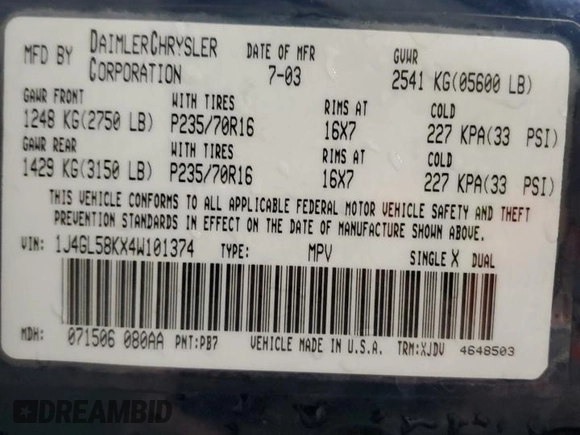 2004 Jeep Liberty Limited z VIN 1J4GL58KX4W101374, wystawiony jako Copart lot #51080895 z przebiegiem 288 747 mil mil oraz Szkoda całkowita • Salvage title. Historia ofert i sprzedaży dostępna na DreamBid. Obrazek 13.