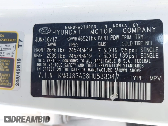 2017 Hyundai Tucson Value z VIN KM8J33A28HU533047, wystawiony jako IAAI lot #41853087 z przebiegiem 74 238 mil mil oraz . Historia ofert i sprzedaży dostępna na DreamBid. Obrazek 9.