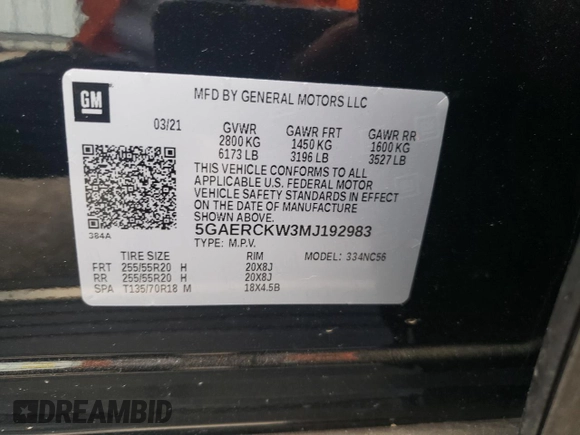 2021 Buick Enclave Premium with VIN 5GAERCKW3MJ192983, listed as a Copart auction lot 79825884 with 95,154 mi miles and Salvage Title. Bid and sale history available at carsss.com. Image 13.