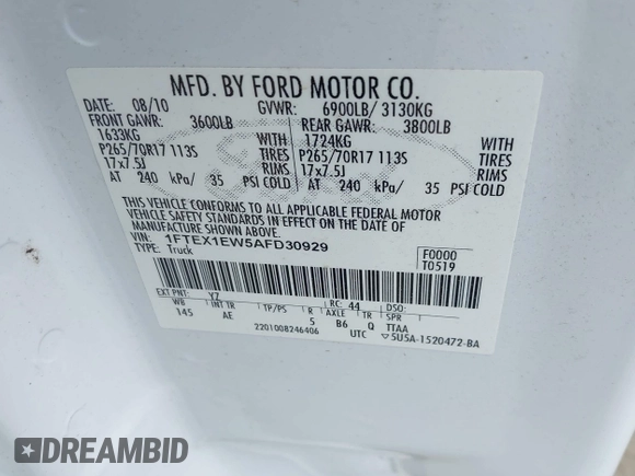 2010 Ford F-150 XL with VIN 1FTEX1EW5AFD30929, listed as a IAAI auction lot 42568100 with 183,708 mi miles and . Bid and sale history available at DreamBid. Image 9.
