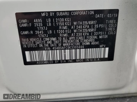 2019 Subaru Outback Premium with VIN 4S4BSAFC0K3305666, listed as a Copart auction lot 86505324 with 83,572 mi miles and Salvage title. Bid and sale history available at DreamBid. Image 12.