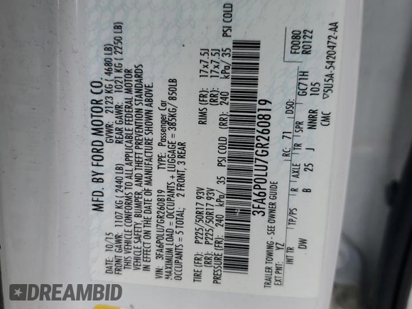 2016 Ford Fusion SE Hybrid with VIN 3FA6P0LU7GR260819, listed as a Copart auction lot 52969335 with 158,396 mi miles and Salvage Title. Bid and sale history available at carsss.com. Image 13.