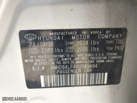 2019 Hyundai Elantra Preferred with VIN KMHD84LF4KU743494, listed as a IAAI auction lot 41821777 with 147,704 mi miles. Bid and sale history available at carsss.com. Image 9.