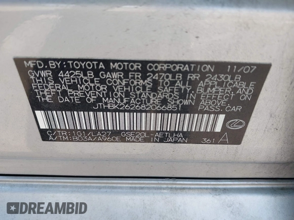 2008 Lexus IS 250 with VIN JTHBK262682066851, listed as a IAAI auction lot 42683470 with 273,600 mi miles and . Bid and sale history available at DreamBid. Image 9.