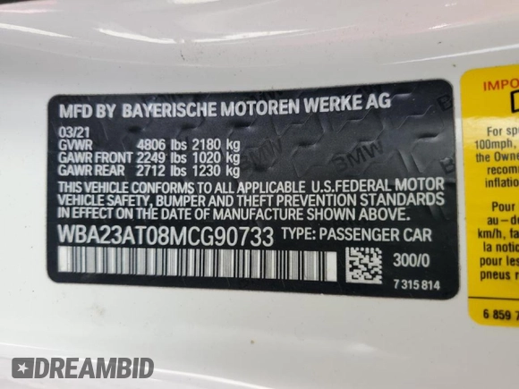 2021 BMW 4 Series 430i with VIN WBA23AT08MCG90733, listed as a Copart auction lot 47617915 with 18,904 mi miles and Salvage title. Bid and sale history available at DreamBid. Image 13.