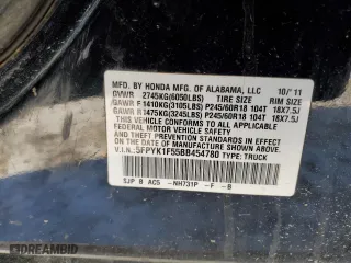 2011 Honda Ridgeline RTL with VIN 5FPYK1F55BB454780, listed as a Copart auction lot 37706554 with 0 mi miles and Salvage Title. Bid and sale history available at carsss.com. Image 12.