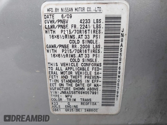 2009 Nissan Rogue SL with VIN JN8AS58T69W057991, listed as a IAAI auction lot 41973858 with 218,632 mi miles and . Bid and sale history available at DreamBid. Image 9.