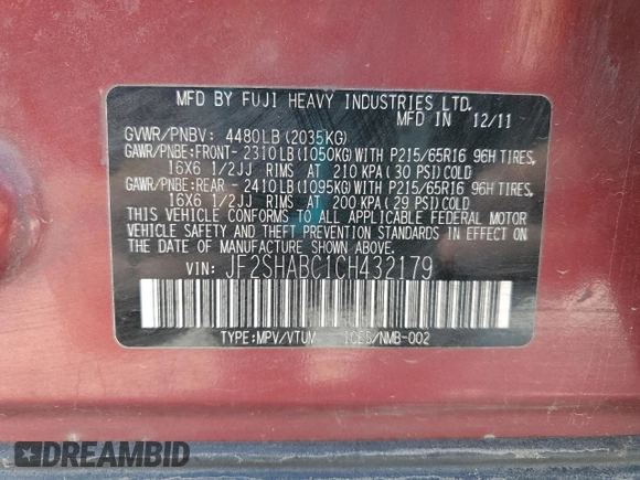 2012 Subaru Forester 2.5X with VIN JF2SHABC1CH432179, listed as a Copart auction lot 53723915 with 169,587 mi miles and Clean Title. Bid and sale history available at carsss.com. Image 13.