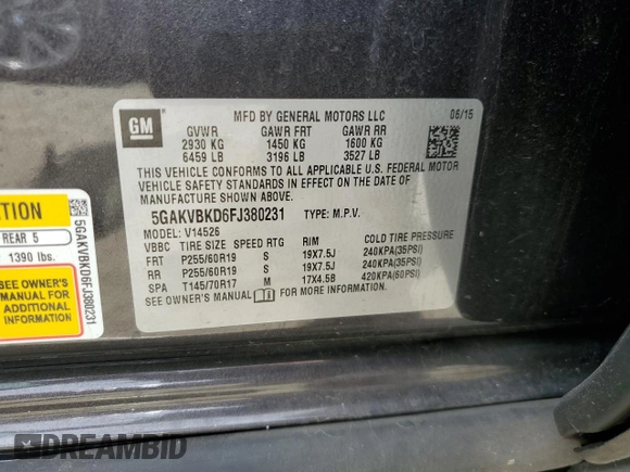 2015 Buick Enclave Leather with VIN 5GAKVBKD6FJ380231, listed as a Copart auction lot 54191525 with 211,609 mi miles and Clean Title. Bid and sale history available at carsss.com. Image 13.
