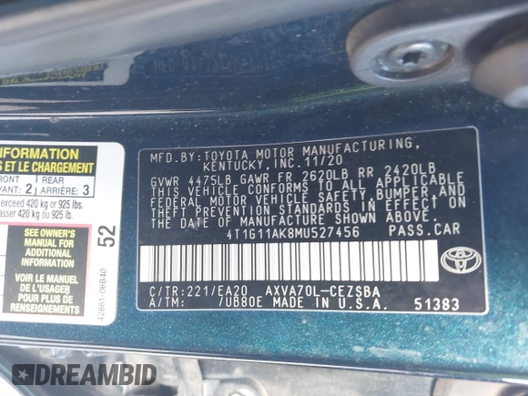 2021 Toyota Camry SE Nightshade with VIN 4T1G11AK8MU527456, listed as a IAAI auction lot 41422590 with 86,927 mi miles and . Bid and sale history available at DreamBid. Image 9.