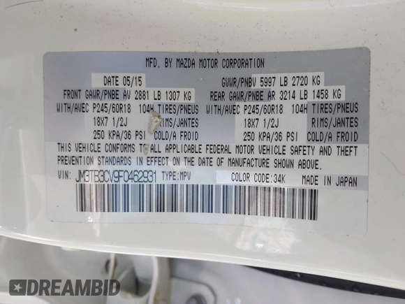 2015 Mazda CX-9 Touring with VIN JM3TB3CV9F0462931, listed as a IAAI auction lot 41912768 with 159,413 mi miles. Bid and sale history available at carsss.com. Image 9.
