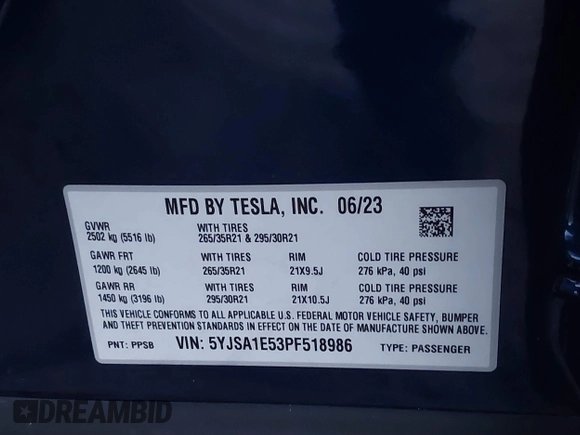 2023 Tesla Model S with VIN 5YJSA1E53PF518986, listed as a IAAI auction lot 41223046 with 22,204 mi miles and . Bid and sale history available at DreamBid. Image 9.