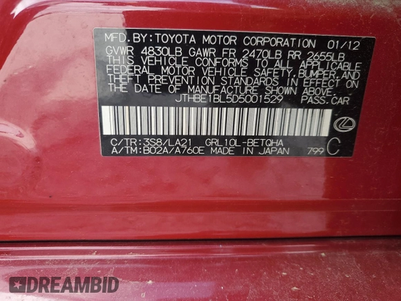 2013 Lexus GS 350 with VIN JTHBE1BL5D5001529, listed as a Copart auction lot 57337145 with 204,956 mi miles and Salvage title. Bid and sale history available at DreamBid. Image 13.