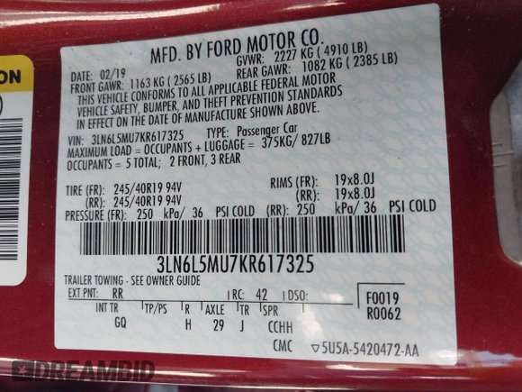 2019 Lincoln MKZ Hybrid Reserve II with VIN 3LN6L5MU7KR617325, listed as a IAAI auction lot 42584481 with 76,118 mi miles and . Bid and sale history available at DreamBid. Image 9.