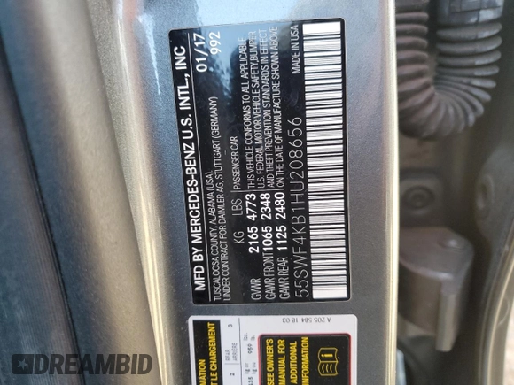 2017 Mercedes-Benz C 300 with VIN 55SWF4KB1HU208656, listed as a Copart auction lot 50159845 with 162,682 mi miles and Salvage title. Bid and sale history available at DreamBid. Image 13.