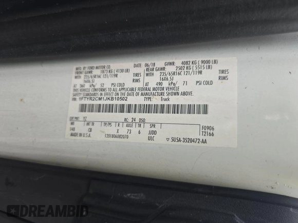2018 Ford Transit с VIN 1FTYR2CM1JKB10502, выставлен на аукционе IAAI как лот 42849107 с пробегом 249 727 миль миль и . История ставок и продаж доступна на DreamBid. Изображение 8.