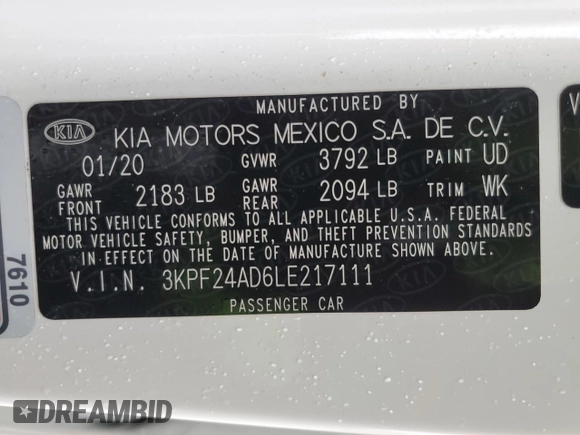 2020 Kia Forte LXS with VIN 3KPF24AD6LE217111, listed as a Copart auction lot 45230495 with 41,725 mi miles and Salvage Title. Bid and sale history available at carsss.com. Image 12.