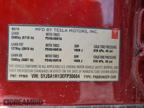 2014 Tesla Model S 60 with VIN 5YJSA1H13EFP30664, listed as a Copart auction lot 53142305 with 113,995 mi miles and Salvage Title. Bid and sale history available at DreamBid. Image 12.