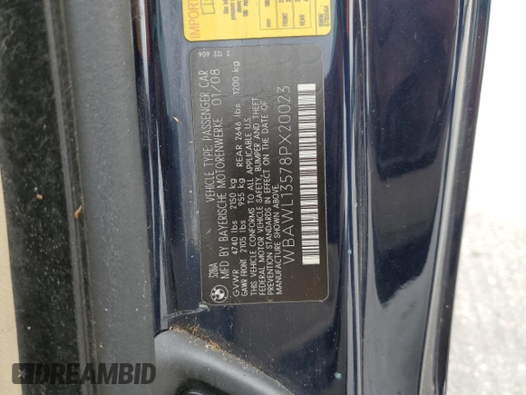 2008 BMW 3 Series 328i with VIN WBAWL13578PX20023, listed as a Copart auction lot 52322035 with 134,758 mi miles and Salvage title. Bid and sale history available at DreamBid. Image 12.