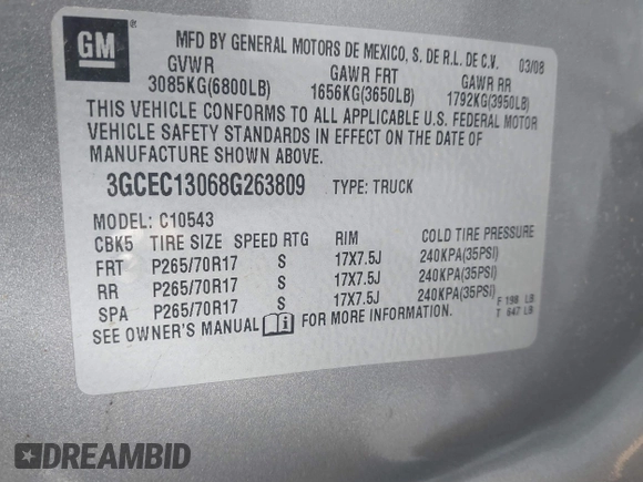 2008 Chevrolet Silverado 1500 1LT with VIN 3GCEC13068G263809, listed as a IAAI auction lot 41251500 with 108,327 mi miles and . Bid and sale history available at DreamBid. Image 9.