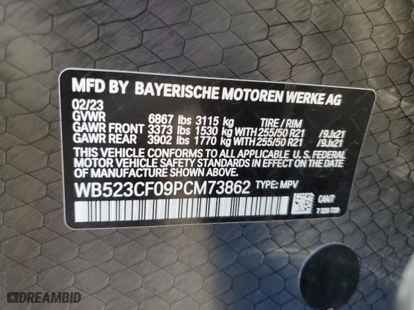 2023 BMW iX xDrive50 with VIN WB523CF09PCM73862, listed as a Copart auction lot 47110985 with 17,521 mi miles and Salvage Title. Bid and sale history available at carsss.com. Image 14.
