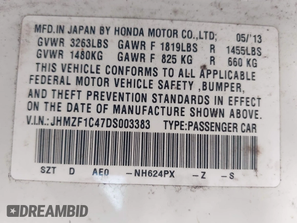2013 Honda CR-Z with VIN JHMZF1C47DS003383, listed as a IAAI auction lot 42569894 with 90,107 mi miles and . Bid and sale history available at DreamBid. Image 9.