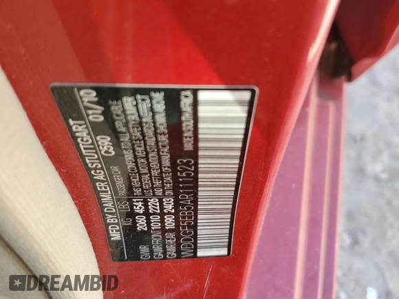 2010 Mercedes-Benz C 300 Sport with VIN WDDGF5EB5AR111523, listed as a Copart auction lot 61776455 with Not provided miles and Salvage title. Bid and sale history available at DreamBid. Image 12.