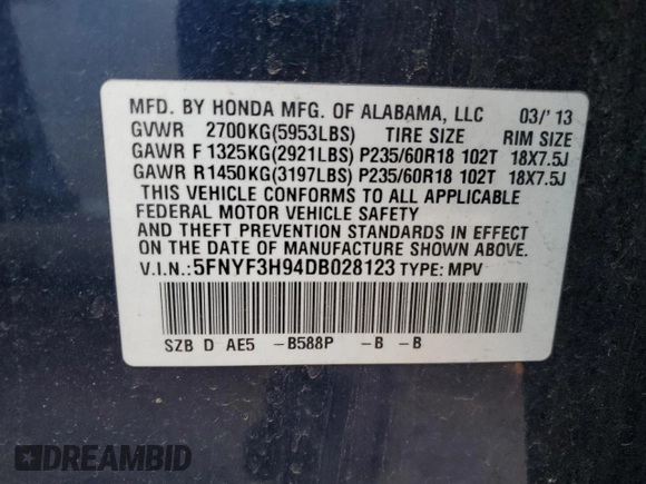 2013 Honda Pilot Touring with VIN 5FNYF3H94DB028123, listed as a Copart auction lot 45670505 with 2,142,143 mi miles and Salvage Title. Bid and sale history available at DreamBid. Image 13.