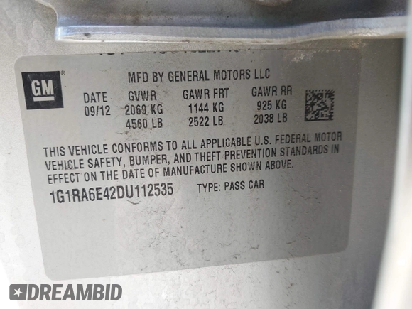 2013 Chevrolet Volt with VIN 1G1RA6E42DU112535, listed as a IAAI auction lot 42149877 with 79,979 mi miles and . Bid and sale history available at carsss.com. Image 9.