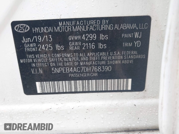 2013 Hyundai Sonata GLS with VIN 5NPEB4AC7DH768390, listed as a IAAI auction lot 41893357 with 81,923 mi miles and . Bid and sale history available at carsss.com. Image 9.