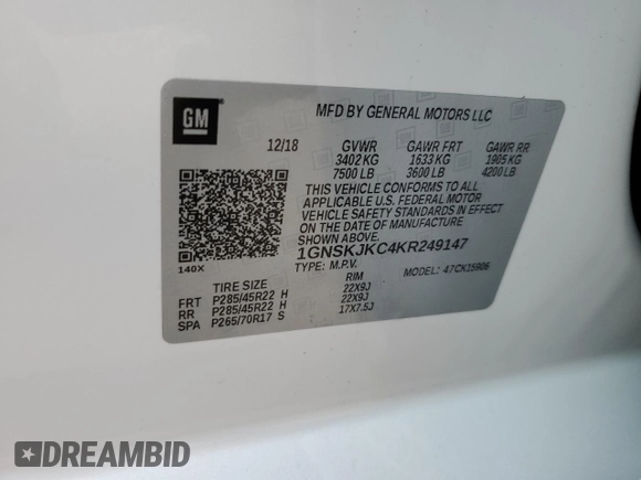 2019 Chevrolet Suburban Premier with VIN 1GNSKJKC4KR249147, listed as a Copart auction lot 79058174 with 88,514 mi miles and Salvage Title. Bid and sale history available at DreamBid. Image 13.