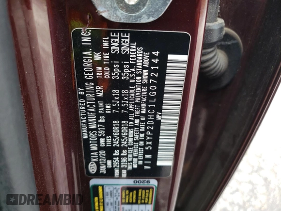 2020 Kia Telluride LX z VIN 5XYP2DHC1LG072144, wystawiony jako Copart lot #55574225 z przebiegiem 92 183 mil mil oraz Szkoda całkowita • Salvage title. Historia ofert i sprzedaży dostępna na DreamBid. Obrazek 13.