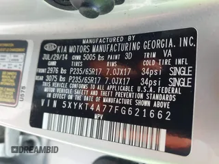 2015 Kia Sorento LX with VIN 5XYKT4A77FG621662, listed as a IAAI auction lot 41883976 with 62,540 mi miles. Bid and sale history available at carsss.com. Image 9.
