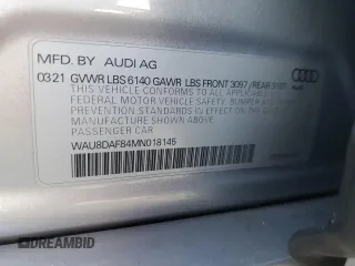2021 Audi A8 with VIN WAU8DAF84MN018145, listed as a Copart auction lot 86952454 with 33,336 mi miles and Salvage Title. Bid and sale history available at carsss.com. Image 12.
