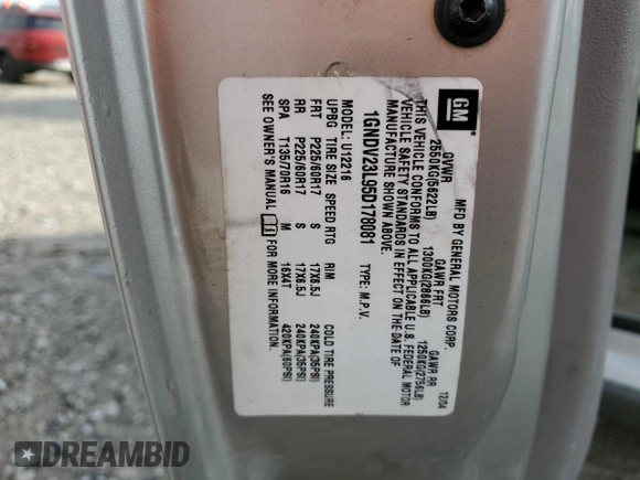 2005 Chevrolet Uplander LS z VIN 1GNDV23L95D178081, wystawiony jako Copart lot #57878195 z przebiegiem 165 456 mil mil oraz Szkoda całkowita • Salvage title. Historia ofert i sprzedaży dostępna na DreamBid. Obrazek 13.