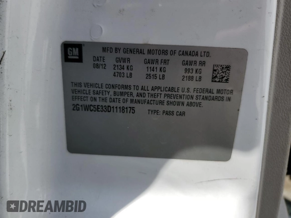 2013 Chevrolet Impala LTZ with VIN 2G1WC5E33D1118175, listed as a Copart auction lot 53909355 with 168,772 mi miles and Salvage Title. Bid and sale history available at DreamBid. Image 12.