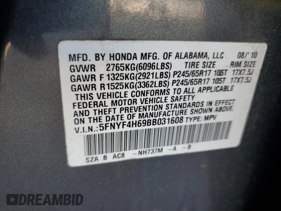 2011 Honda Pilot EX-L with VIN 5FNYF4H69BB031608, listed as a Copart auction lot 50137805 with 266,621 mi miles and Salvage Title. Bid and sale history available at carsss.com. Image 15.