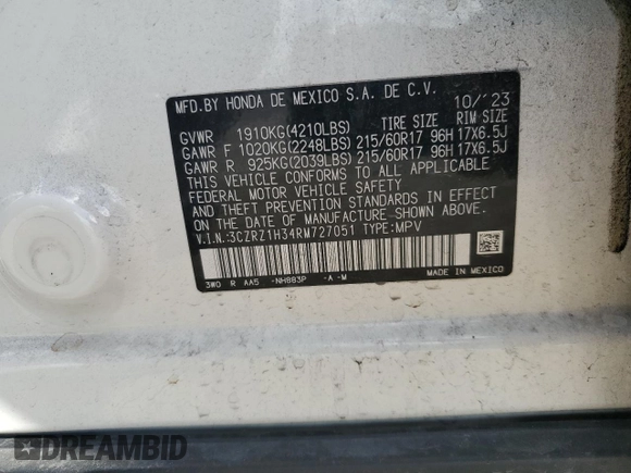 2024 Honda HR-V LX with VIN 3CZRZ1H34RM727051, listed as a Copart auction lot 44580075 with 15,573 mi miles and Salvage Title. Bid and sale history available at DreamBid. Image 13.
