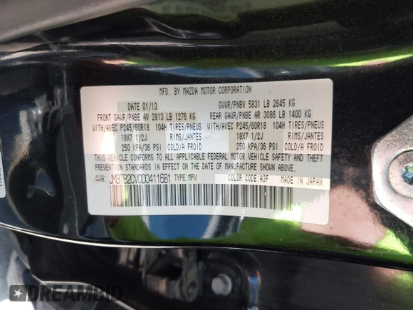 2013 Mazda CX-9 Touring with VIN JM3TB2CV0D0411681, listed as a IAAI auction lot 42131639 with 116,638 mi miles and . Bid and sale history available at carsss.com. Image 9.