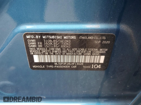 2020 Mitsubishi Mirage ES with VIN ML32F3FJ4LHF13028, listed as a Copart auction lot 58168265 with 135,950 mi miles and Salvage title. Bid and sale history available at DreamBid. Image 13.