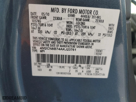 2010 Mercury Mariner with VIN 4M2CN8B74AKJ23761, listed as a Copart auction lot 89356665 with 0 mi miles and Salvage Title. Bid and sale history available at carsss.com. Image 14.