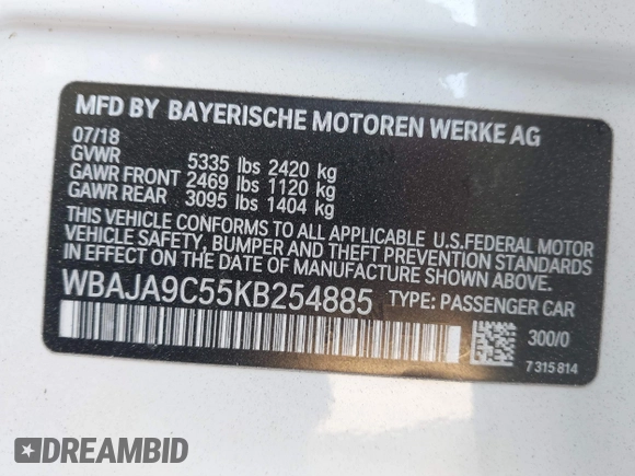 2019 BMW 5 Series 530e iPerformance with VIN WBAJA9C55KB254885, listed as a IAAI auction lot 41398164 with 62,781 mi miles. Bid and sale history available at carsss.com. Image 9.