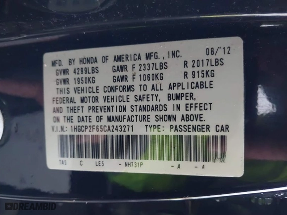 2012 Honda Accord Sdn SE with VIN 1HGCP2F65CA243271, listed as a IAAI auction lot 41572504 with 117228 miles. Bid and sale history available at carsss.com. Image 9.