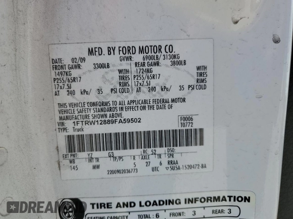 2009 Ford F-150 XL with VIN 1FTRW12889FA59502, listed as a Copart auction lot 50008105 with 89,094 mi miles and Salvage Title. Bid and sale history available at carsss.com. Image 12.