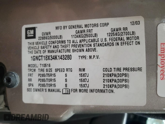 2004 Chevrolet Blazer LS z VIN 1GNCT18X34K143280, wystawiony jako Copart lot #50494785 z przebiegiem Nie podano mil oraz Szkoda całkowita • Salvage title. Historia ofert i sprzedaży dostępna na DreamBid. Obrazek 12.