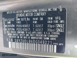 2013 Hyundai Santa Fe Sport with VIN 5XYZUDLB6DG049221, listed as a IAAI auction lot 41104106 with 130,355 mi miles. Bid and sale history available at carsss.com. Image 9.
