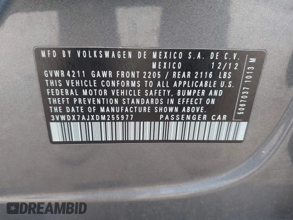 2013 Volkswagen Jetta SE with VIN 3VWDX7AJXDM255977, listed as a IAAI auction lot 42194447 with 120,921 mi miles and . Bid and sale history available at DreamBid. Image 9.